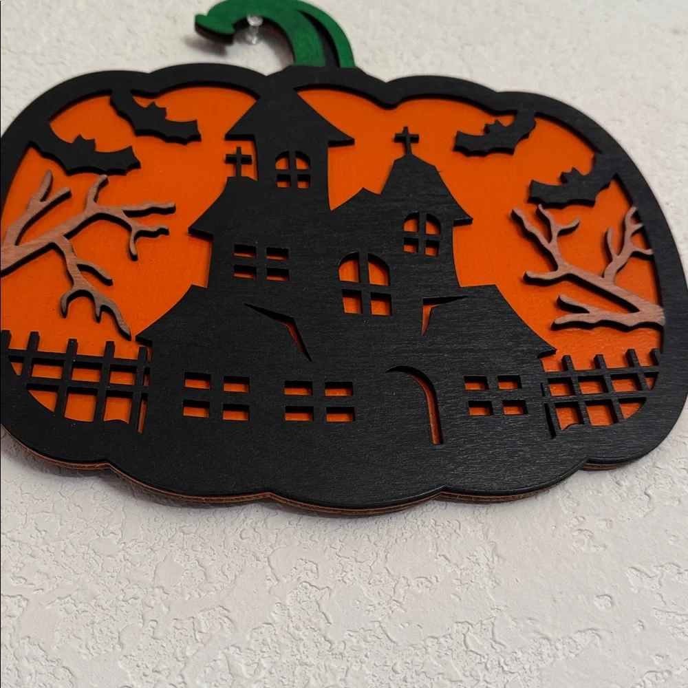 Handcrafted Wooden Sign of Halloween Haunted House Pumpkin Wall Decor